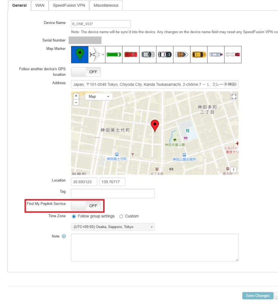 「InControl2の“Information”タブで表示されるデバイス設定画面。デバイス名、シリアル番号、マップマーカー(車両や人のアイコン)、住所、位置情報(緯度経度)、タイムゾーン、メモ欄などを設定可能。地図上にピンが立っており、“Find My Peplink Service”はOFFに設定されている。」