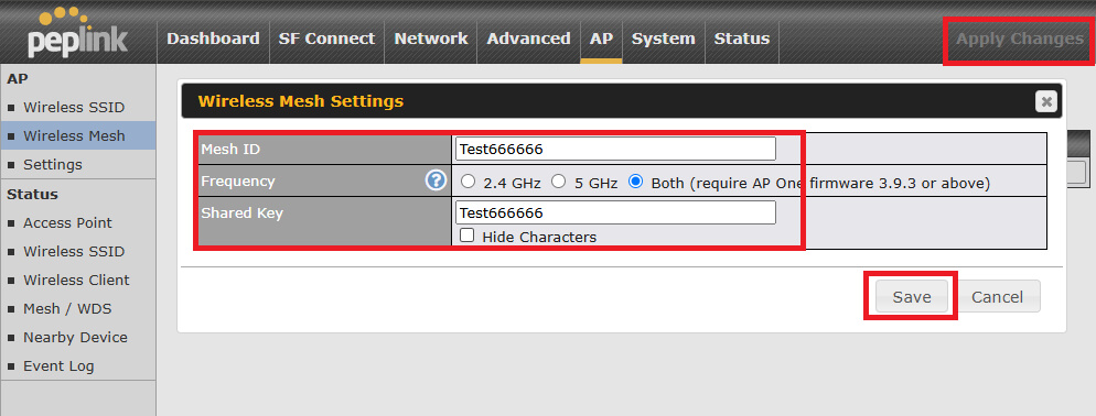 Peplink APのWeb管理画面でMesh Wi-Fiの設定を行っている画面。Mesh IDとShared Keyを入力し、2.4GHzおよび5GHzの両周波数帯を選択後、SaveボタンとApply Changesボタンで設定を適用する操作が示されている