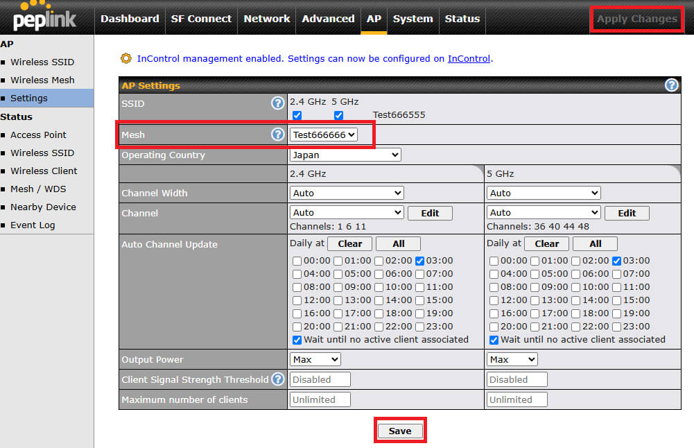 Peplink APの設定画面でMesh IDを選択している様子。AP Settings内のMesh項目で先に作成したMesh ID『Test666666』を指定し、チャンネルや出力設定と併せてSaveとApply Changesボタンで設定を適用する流れを示している