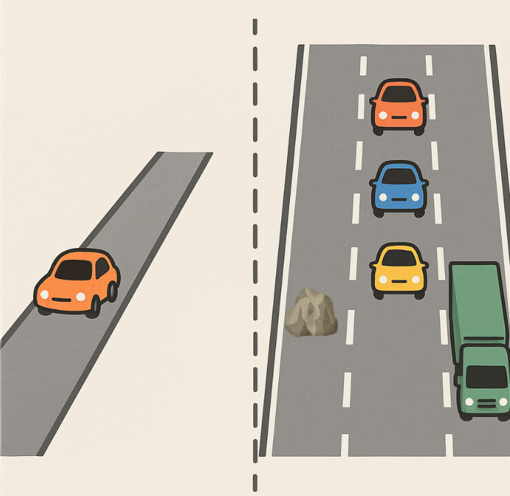 Peplinkのボンディング技術を高速道路で例えたイラスト。1車線の道路が4車線の広い道路になり、複数の車が同時に走行している。複数のインターネット回線を束ねて通信速度と安定性を向上させる仕組みを表している。