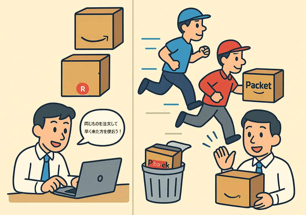 PeplinkのWAN Smoothing(パケットコピー)技術を解説するイラスト。男性が同じ商品を2つのお店で注文し、先に届いた方の荷物を受け取る様子。重要なデータを複製して別々の回線で送り、通信の途切れを完全に防ぐ仕組みを表現している。