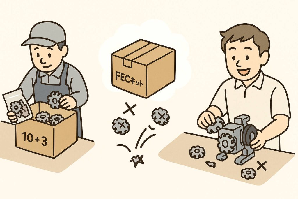 PeplinkのFEC(前方誤り訂正)技術を、機械部品と予備パーツに例えたイラスト。輸送中に部品がいくつか欠損しても、同梱された予備パーツで機械を組み立てられる様子。少量の修復用データを追加することで、パケットロスから通信を復元する仕組みを表している。