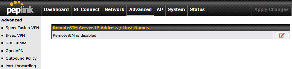 PeplinkルーターのWebAdminでRemoteSIMが無効(disabled)になっている状態。