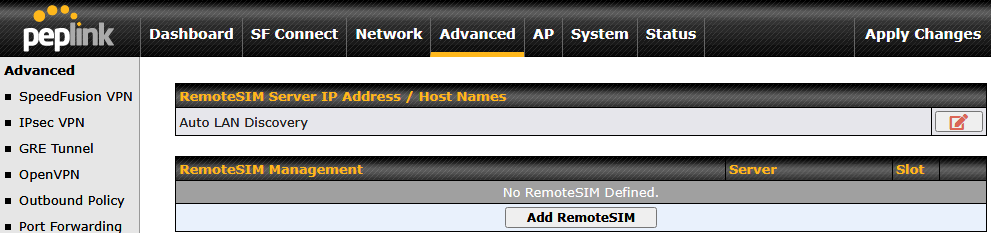 RemoteSIM Managementの設定後、Apply Changesをクリックして反映する画面。