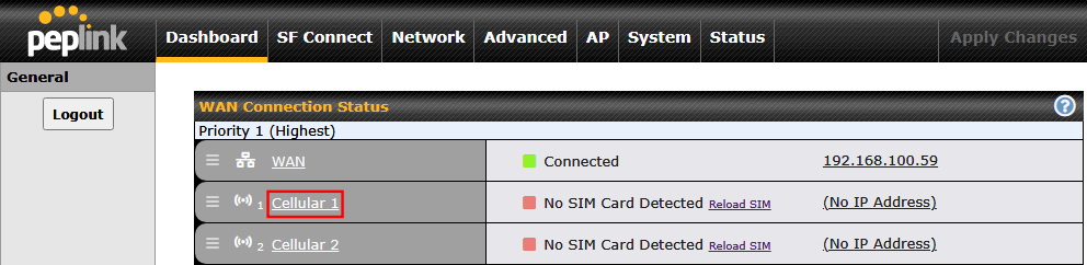 WebAdminのダッシュボードでCellularプロファイル(Cellular)をクリックする画面。
