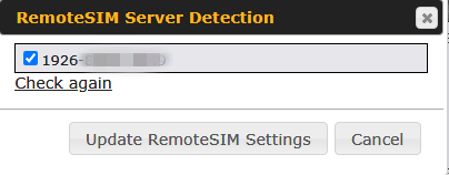 RemoteSIM Server DetectionでSIM InjectorのS/Nが表示された画面。
