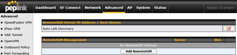 RemoteSIM ManagementでAdd RemoteSIMボタンが表示される状態の画面。