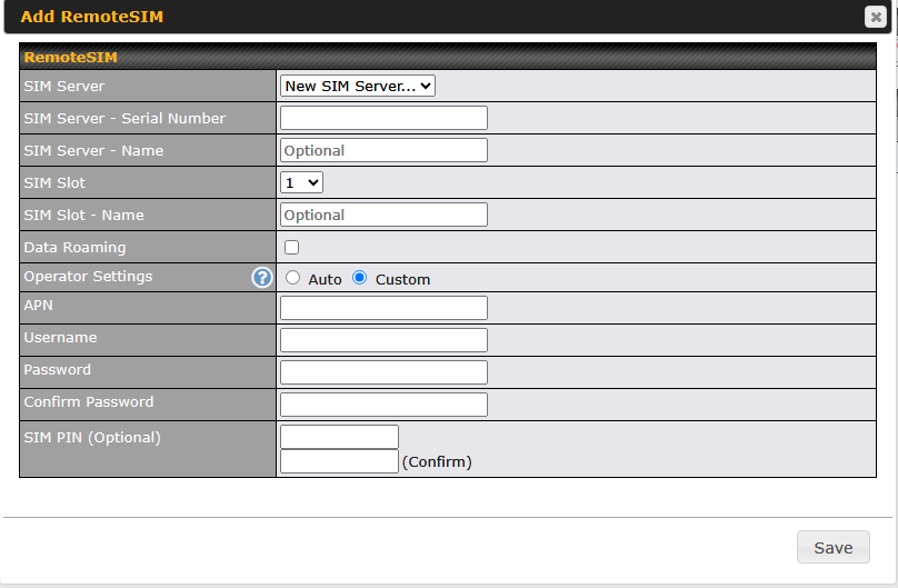 Add RemoteSIMでSIMスロット、APN、ユーザー情報を入力する設定画面。