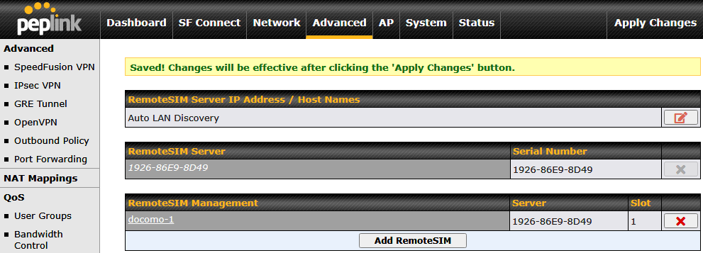 RemoteSIM ServerとManagementに設定が反映され、Apply Changesを促す画面。