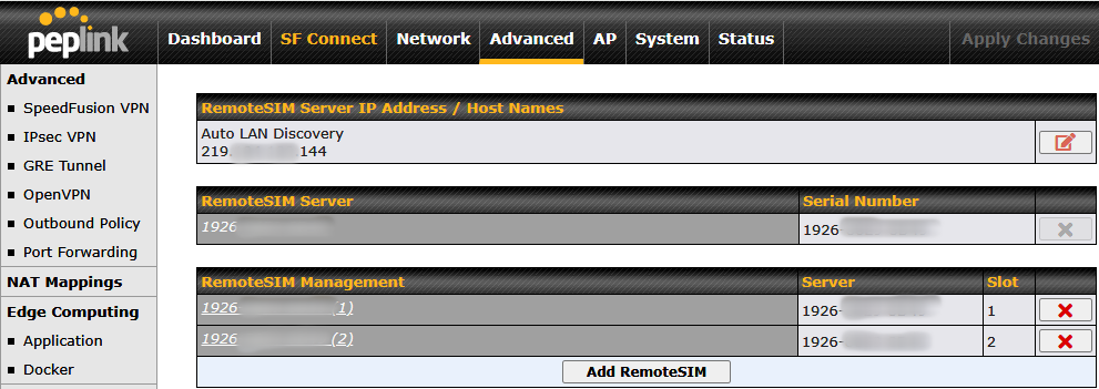 MAX BR2ルーター側のWebAdminでRemoteSIM ManagementにIPアドレスを設定する画面。