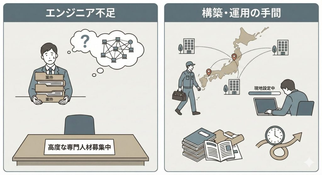 インテグレーター側の課題を表したイラスト。案件はあるのに人材が足りていない様子や、現地まで赴いて設定を行うので工数が多大にかかっている様子を表している